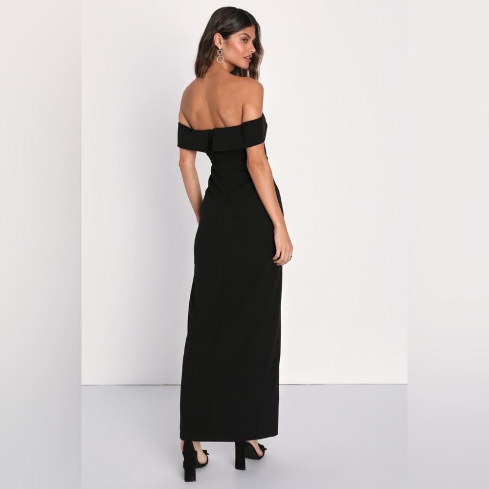 Lulus Cinched Off the Shoulder Front Slit Maxi Full Length Black Dress Medium